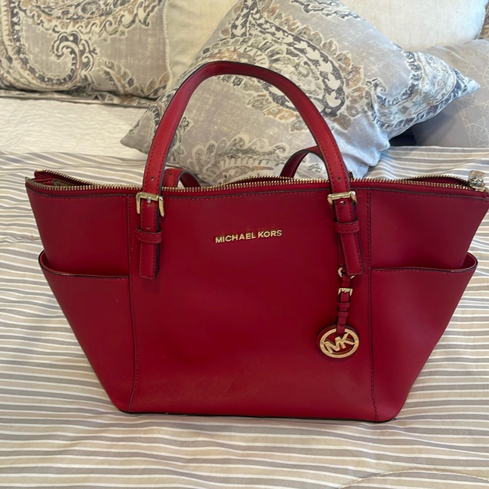 Michael Kors Red Medium Crossgrain Leather Tote Bag
